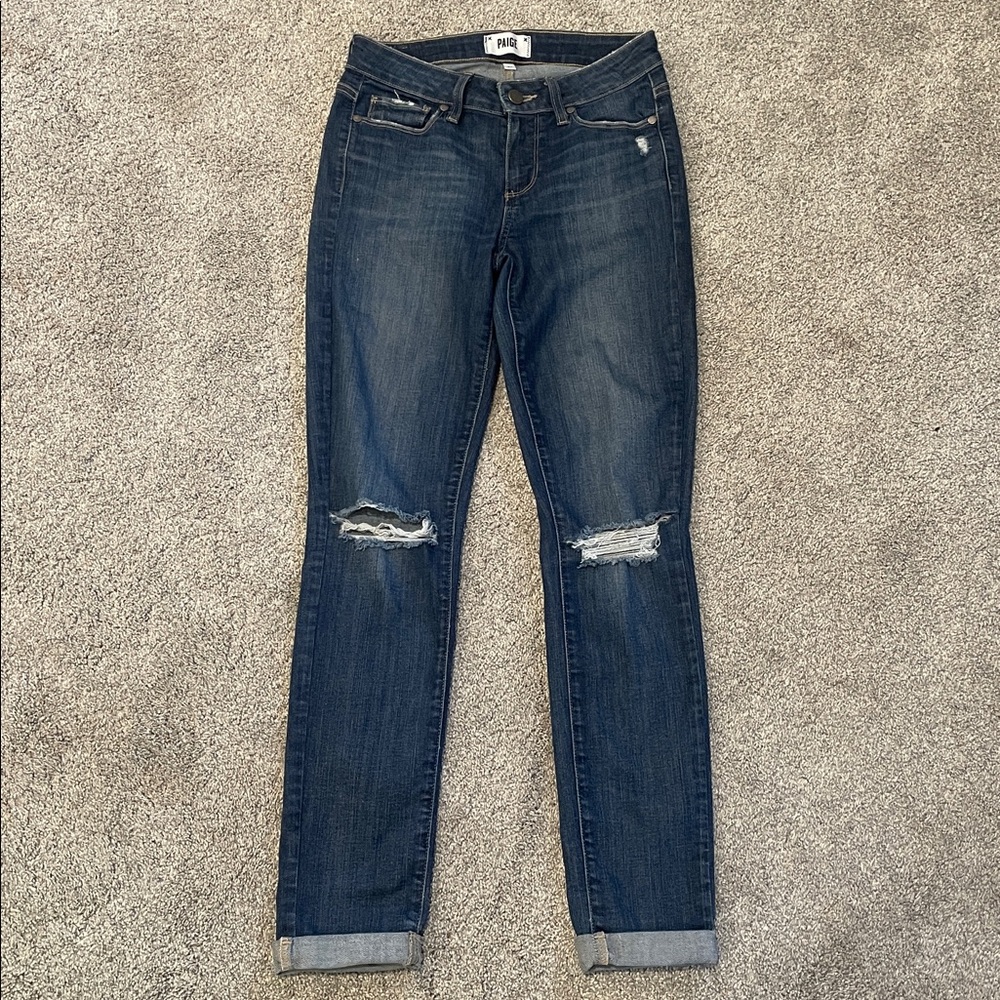 PAIGE Women's Dark Denim PERFECTLY Distressed Jeans